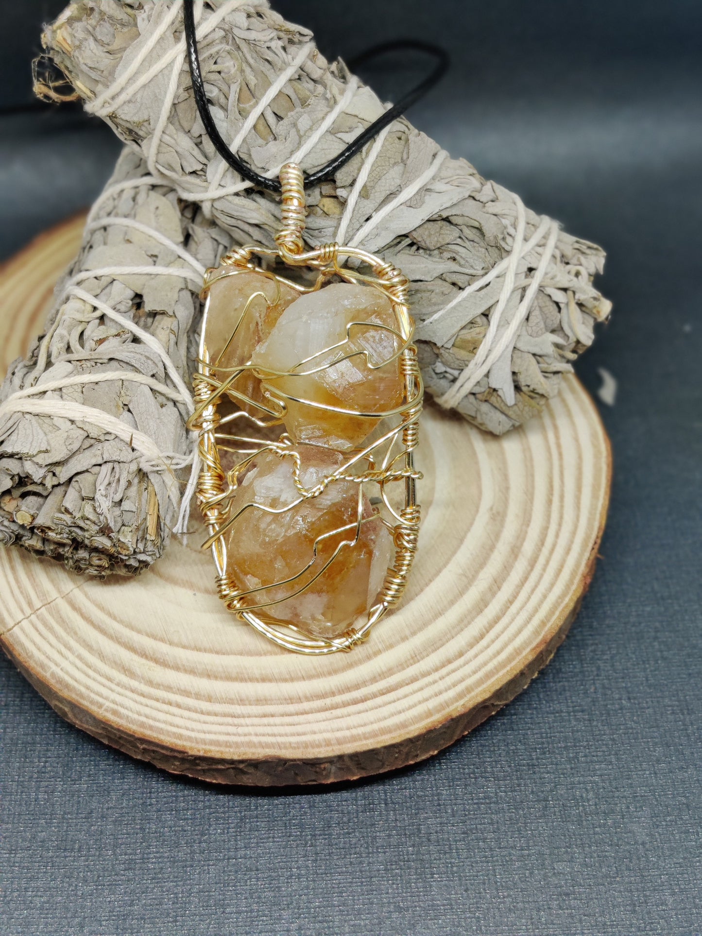Citrine| Wire Wrapped Crystal Charm Bezzle with black chord